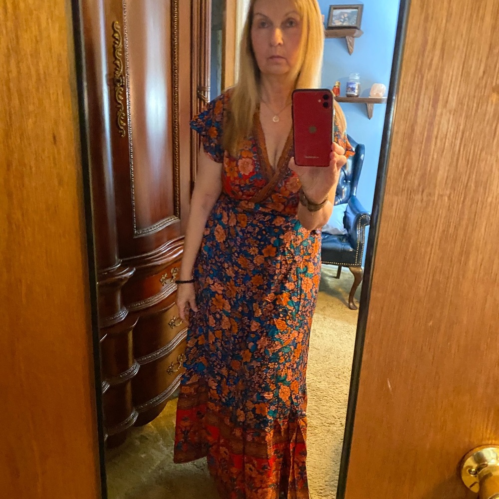 NWT BoHo deep V neckline Maxi wrap colorful dress!